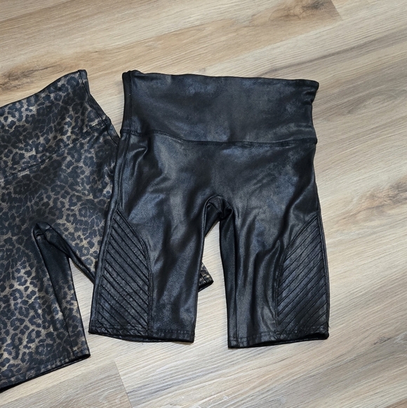 Spanx 2 Pair Black and Leopard Faux Leather Biker Shorts - Picture 3 of 15